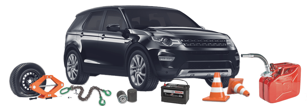 Voiture entourée de matériel de dépannage : roue de secours, cric, batterie, cônes et jerrican